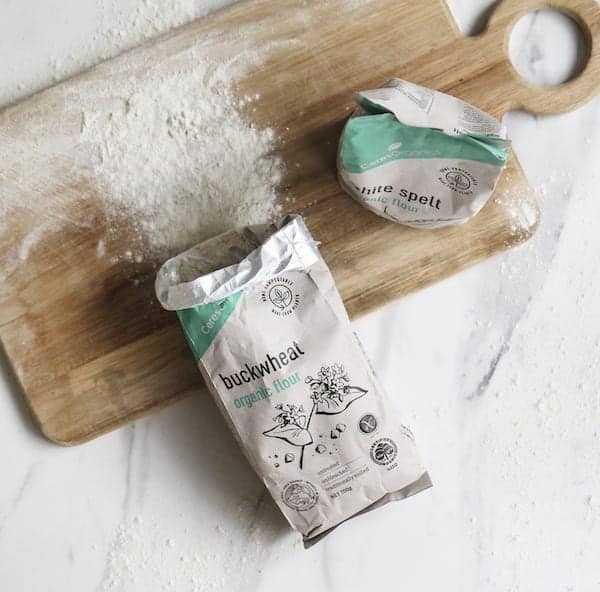 Ceres organic flours new packaging with flour on a board