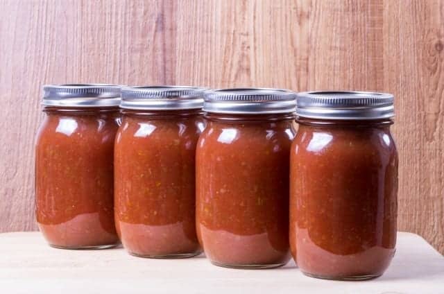 Freshly made tomato sauce in mason jars
