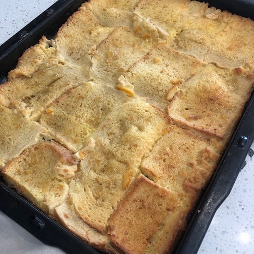 bread and butter pudding in a baking tray