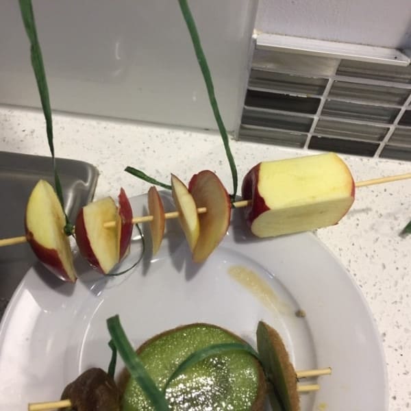 an apple skewer for birds to hang in the tree